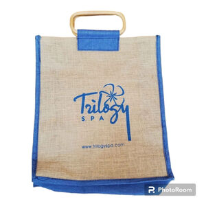 Burlap Beach Tote with Wooden Handle